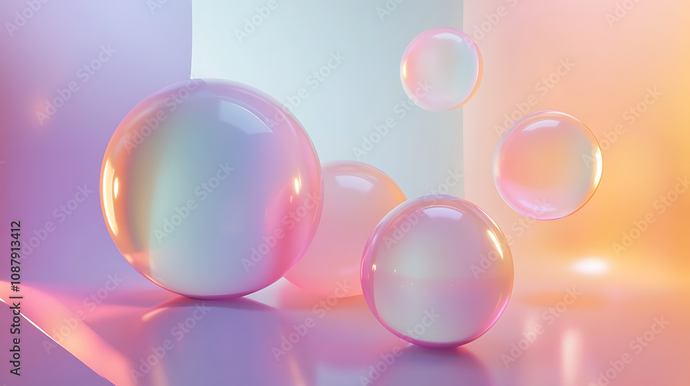Poster colorful translucent orbs floating in ethereal space abstract 3d spheres composition