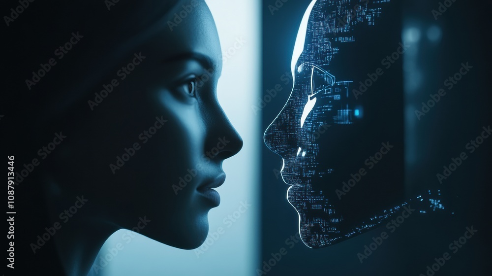 Leinwandbilder a person stares intently into a digital mirror, seeing an ai reflection that symbolizes the intersec