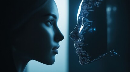 A person stares intently into a digital mirror, seeing an AI reflection that symbolizes the intersection of human experience and technology. Generative AI