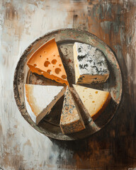 array of cheeses neatly sectioned in a rustic metal plate against a smeared paint backdrop