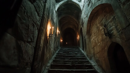 Fototapeta premium Medieval castle dungeon interior ominous stone walls flickering torches dark symmetrical staircase