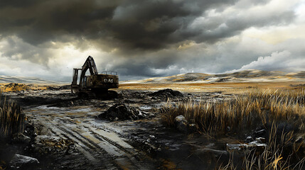 Fototapeta premium Excavator working in the field, dirt and rocks around it, cloudy sky, dramatic lighting