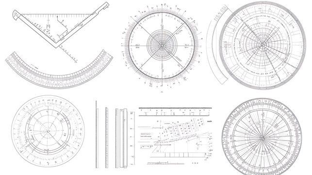 Measuring tool set for angles, Metric rulers set with 180 degree measure and round 360 protractors scale, Protractor tool for measuring angles and drafting chart