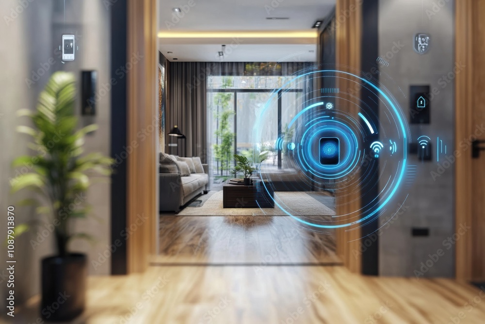 Poster this high-tech home entrance showcases smart security devices like cameras, motion sensors, and a fi