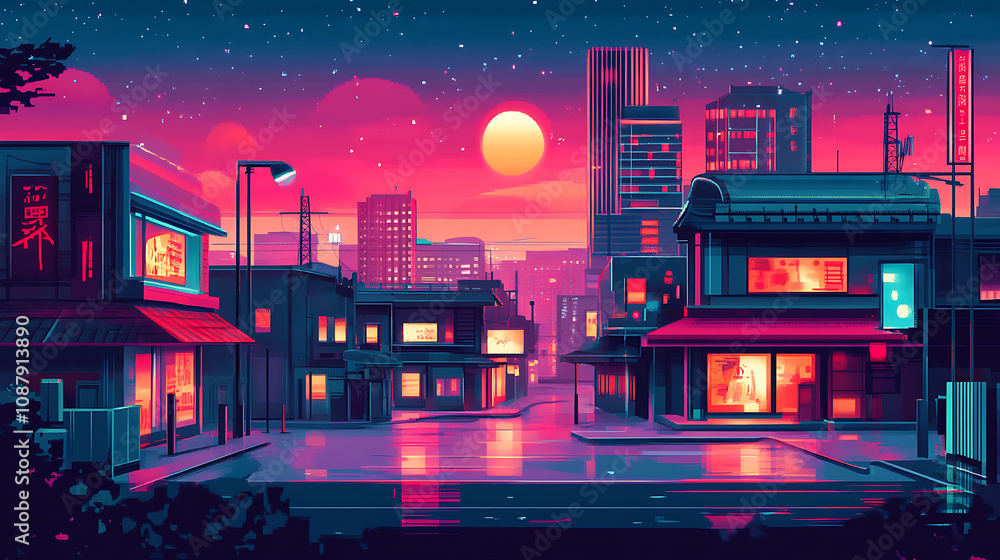 Aufkleber retro 90s japanese animation style cityscape with neon lights and futuristic elements nostalgia and 