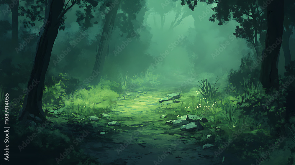 Aufkleber mysterious dark green path in enchanted fantasy forest with muddy trail and foggy atmosphere magical