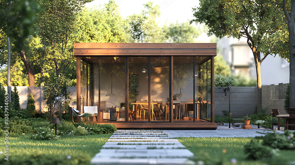 Aufkleber Modern conservatory sunroom extending into garden with block paved patio 3d rendering of home extension