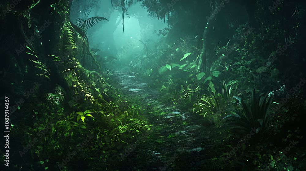 Poster mysterious dark green path in enchanted fantasy forest with muddy trail and foggy atmosphere magical