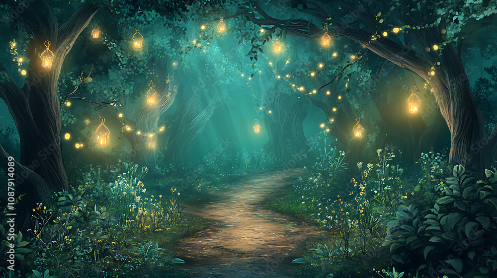 Poster mysterious dark green path in enchanted fantasy forest with muddy trail and foggy atmosphere magical