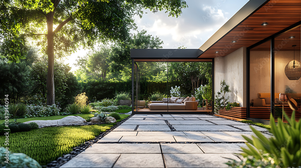 Poster Modern conservatory sunroom extending into garden with block paved patio 3d rendering of home extension