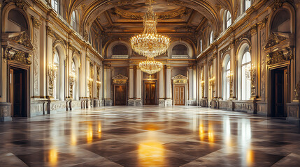 Fototapeta premium Luxurious ballroom interior with elegant chandelier polished marble floor and ornate architectural details digital painting