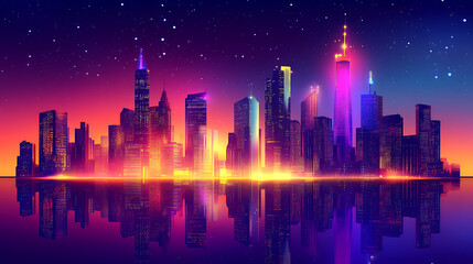 Sparkling city skyline at night urban landscape with glowing lights
