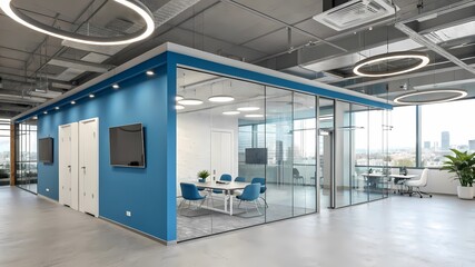 Obraz premium Spacious Office Interior with Floor to-Ceiling Windows, Ergonomic Furniture, and Contemporary Minimalist Design in a Bright, High-Tech Corporate Setting V5