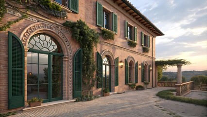 Naklejka premium Tuscan Villa at Golden Hour Ivy-Covered Walls, Cypress-Lined Hills, and Warm Italian Charm in a Cinematic, Panoramic Scene V2