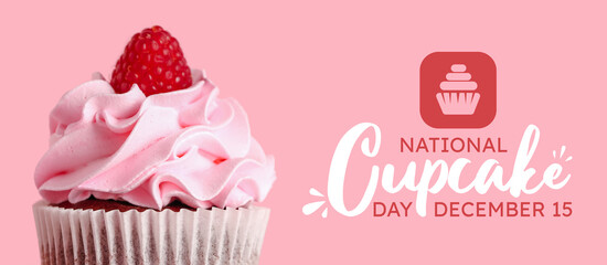 Tasty raspberry cupcake on pink background