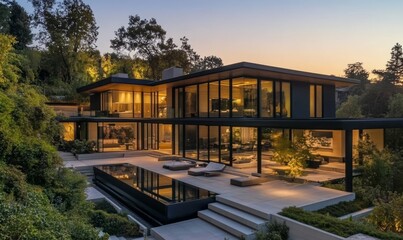Obraz premium Modern luxury home with large glass walls and minimalist design, set in a hillside location with surrounding greenery and an expansive view