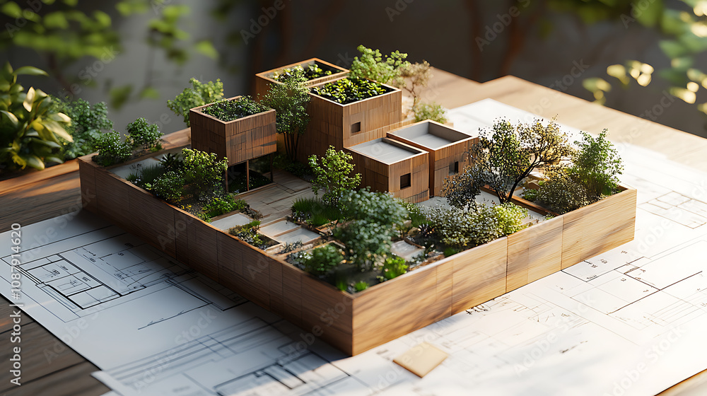 Poster 3D model of a contemporary, authentic building block mock-up with a garden placed atop blueprints and paperwork