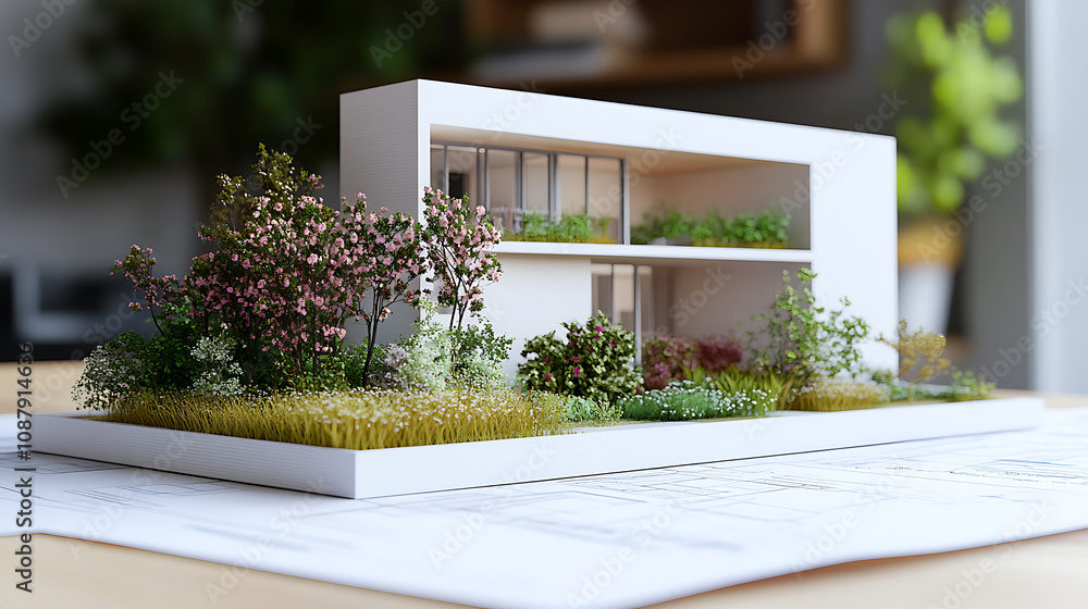 Poster 3D model of a contemporary, authentic building block mock-up with a garden placed atop blueprints and paperwork