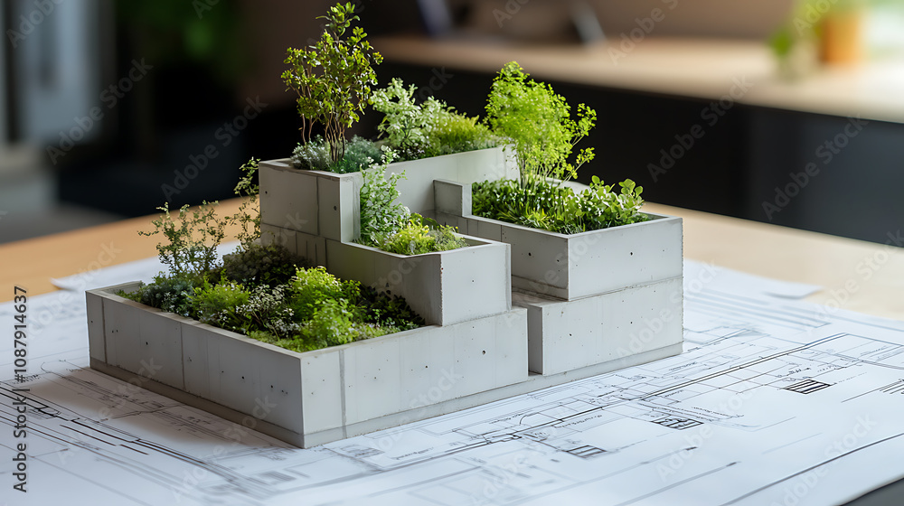 Poster 3D model of a contemporary, authentic building block mock-up with a garden placed atop blueprints and paperwork