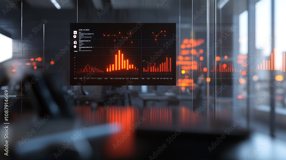 Aufkleber A blurry, out-of-focus background of an office desk with elements like graphs and charts floating in the air above it indicating data analysis or a marketing pilot program