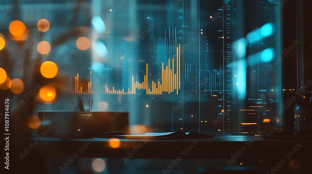 Poster A blurry, out-of-focus background of an office desk with elements like graphs and charts floating in the air above it indicating data analysis or a marketing pilot program