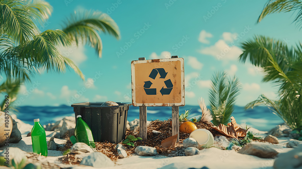 Poster a conceptual visualization of ecology and zero waste featuring a recycling sign and items made from 