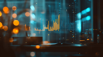 A blurry, out-of-focus background of an office desk with elements like graphs and charts floating in the air above it indicating data analysis or a marketing pilot program