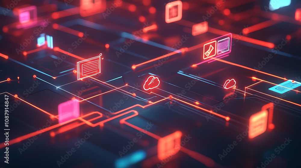 Poster A digital illustration depicting cloud technology with icons representing different types of data and documents connected to form an abstract network