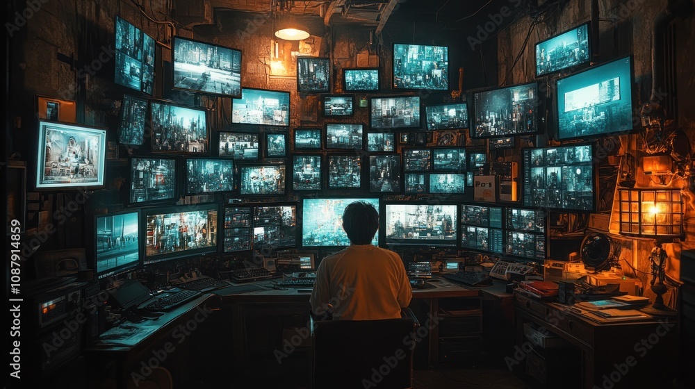 Poster a lone person sits in front of a wall of monitors displaying various images in a dark room.