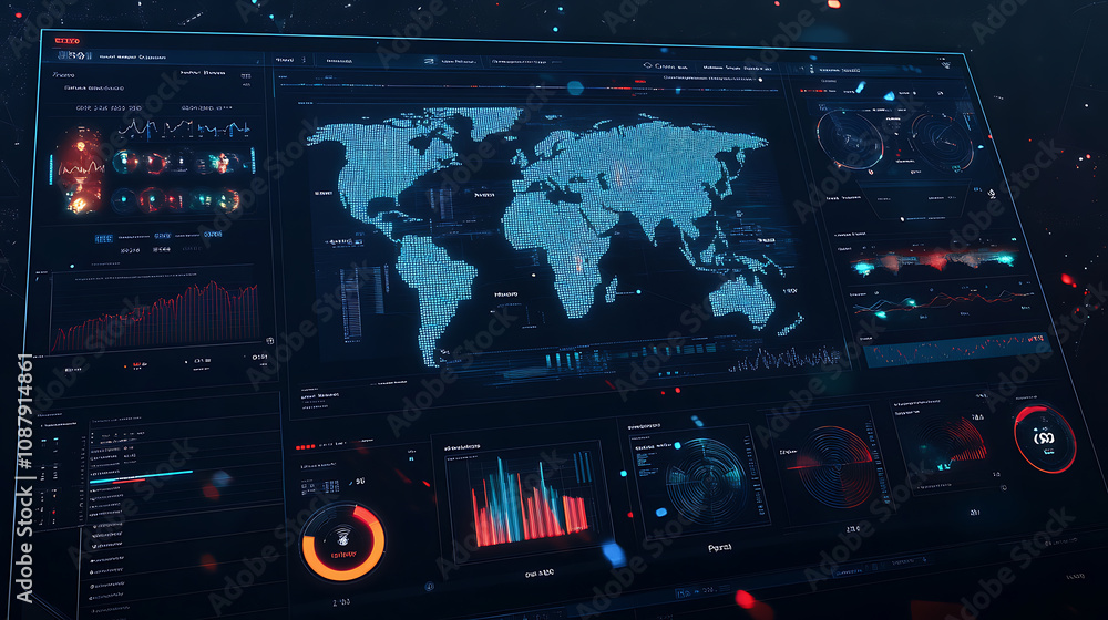 Aufkleber A digital display showing various data visualizations, graphs and charts with futuristic interface elements like holographic world maps or floating numbers