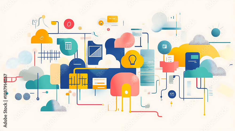 Poster A digital illustration depicting cloud technology with icons representing different types of data and documents connected to form an abstract network