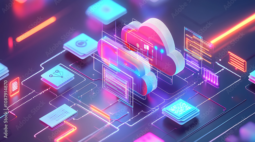 Aufkleber A digital illustration depicting cloud technology with icons representing different types of data and documents connected to form an abstract network