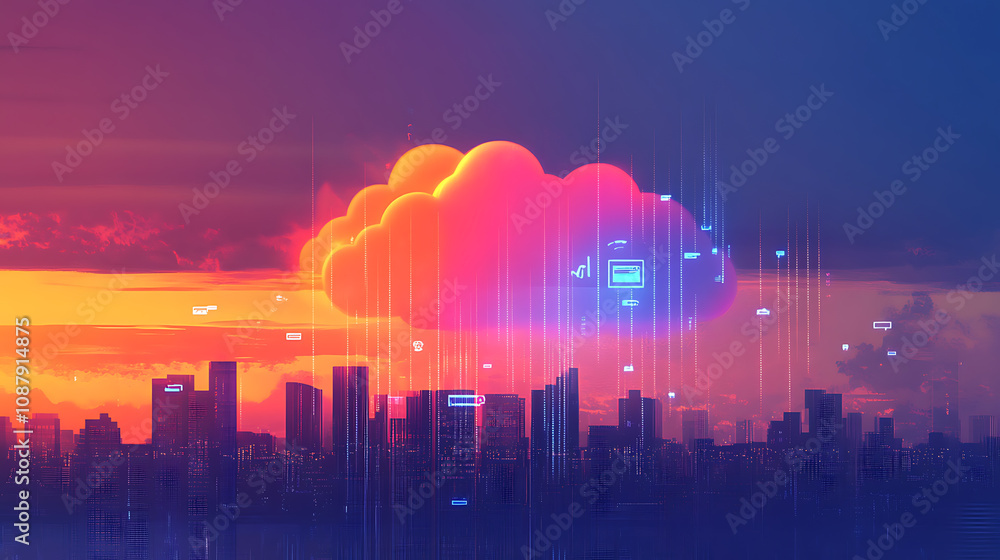 Leinwandbilder A digital illustration of a secure cloud storage concept, featuring a metallic microchip with a padlock symbolizing data protection and cybersecurity in cloud computing