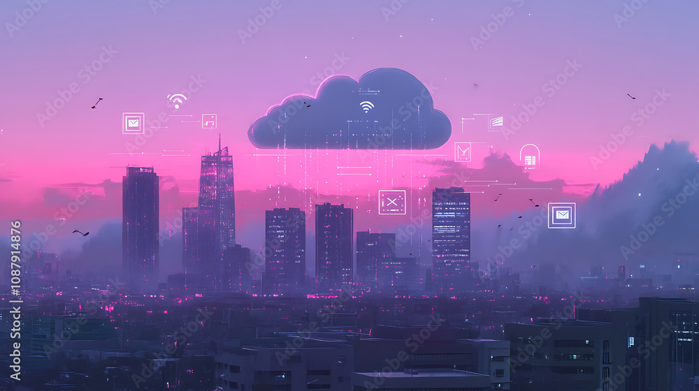 Poster A digital illustration of a secure cloud storage concept, featuring a metallic microchip with a padlock symbolizing data protection and cybersecurity in cloud computing