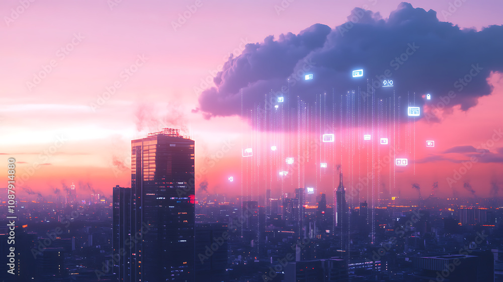 Poster A digital illustration of a secure cloud storage concept, featuring a metallic microchip with a padlock symbolizing data protection and cybersecurity in cloud computing