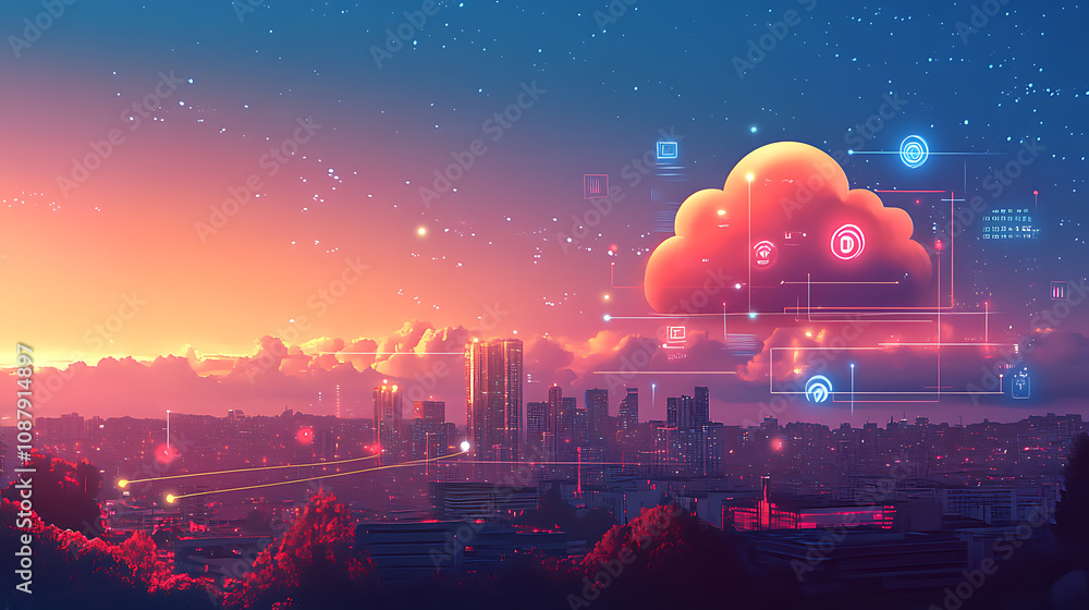 Aufkleber a digital illustration of a secure cloud storage concept, featuring a metallic microchip with a padl