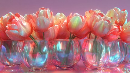 Iridescent tulips in glass vases.