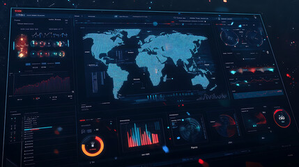Fototapeta premium A digital display showing various data visualizations, graphs and charts with futuristic interface elements like holographic world maps or floating numbers