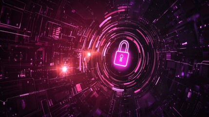 a purple and red cyber security background with lock icon in the center, techy feel, with lights around it