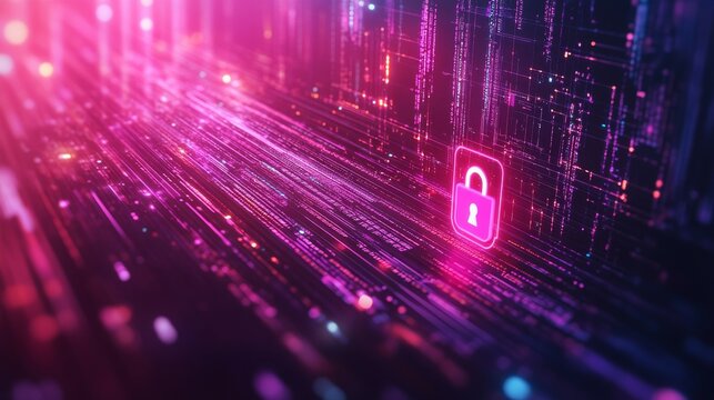 a purple and red cyber security background with lock icon in the center, techy feel, with lights around it