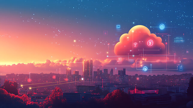 A digital illustration of a secure cloud storage concept, featuring a metallic microchip with a padlock symbolizing data protection and cybersecurity in cloud computing