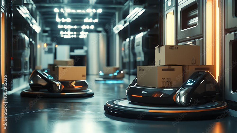 Aufkleber a futuristic 3d concept of an automated retail warehouse is depicted with agv robots delivering card