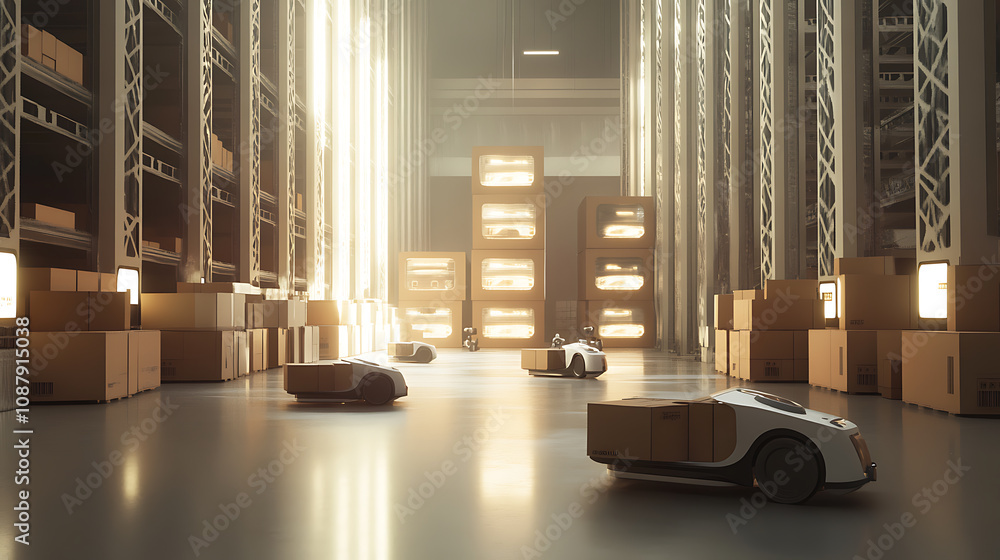 Poster A futuristic 3D concept of an automated retail warehouse is depicted with AGV robots delivering cardboard boxes, highlighting automated guided vehicles for logistics in a distribution center