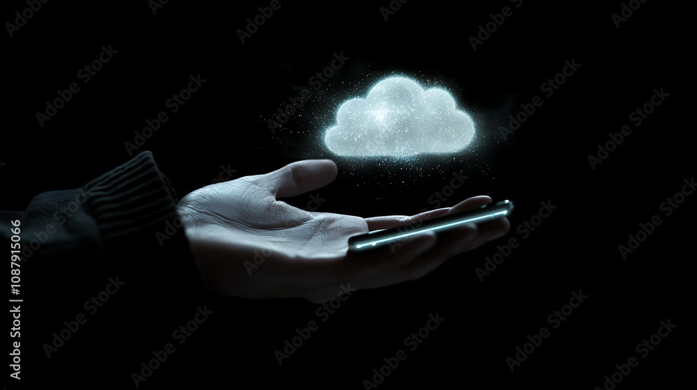 Poster A hand holding a Phone with glowing cloud icon floating above it, symbolizing the user's connection to digital data and AI technology on black background