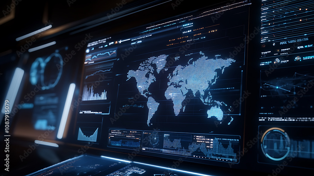Aufkleber A futuristic digital interface displays various data visualizations, charts and graphs with the world map in focus on one screen