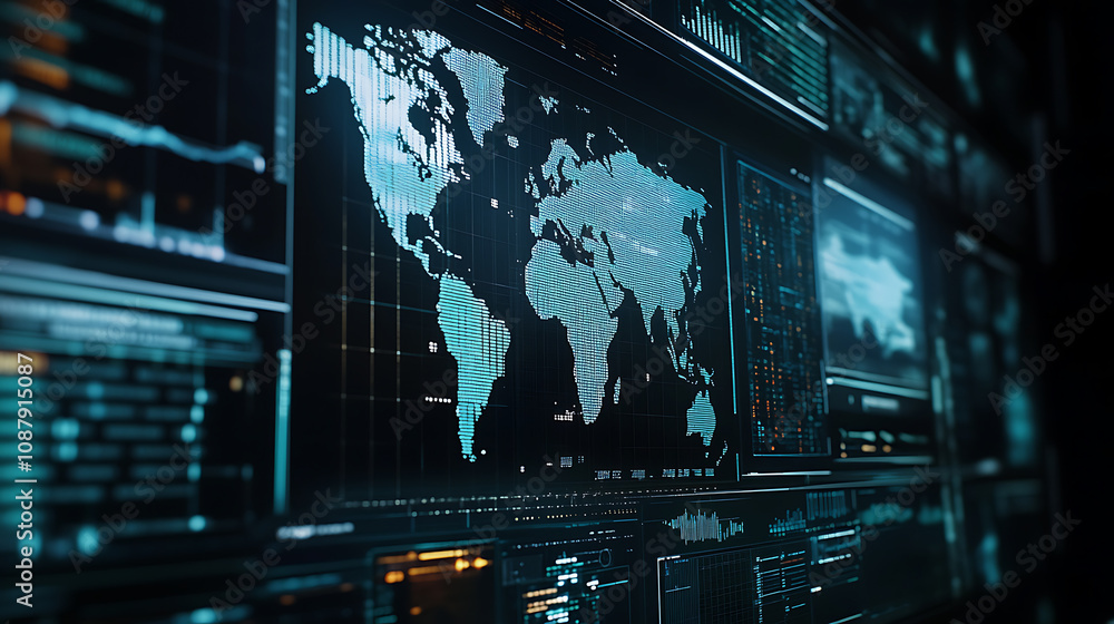 Poster A futuristic digital interface displays various data visualizations, charts and graphs with the world map in focus on one screen