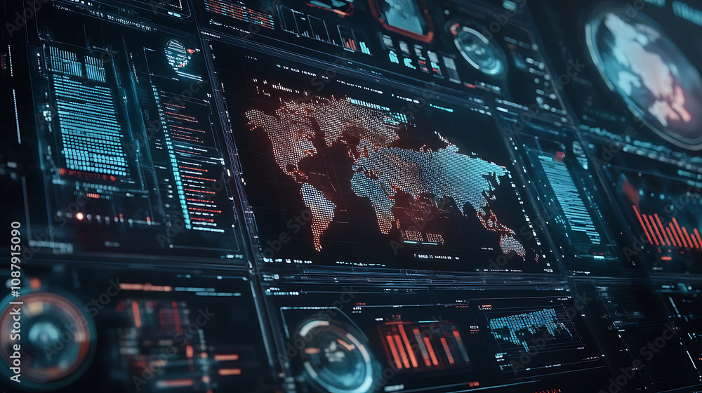 Aufkleber A futuristic digital interface displays various data visualizations, charts and graphs with the world map in focus on one screen