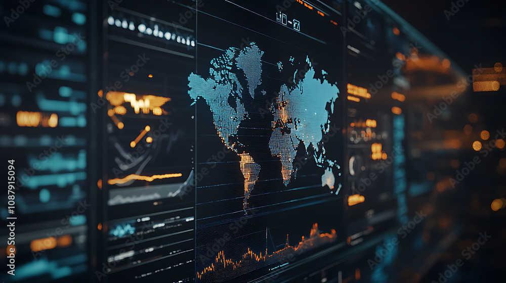 Poster A futuristic digital interface displays various data visualizations, charts and graphs with the world map in focus on one screen