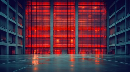 Interior of a modern building with red lighting.