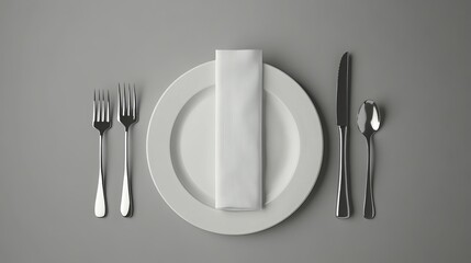 Aerial view of an empty tableware set consisting of a plate, cutlery, and napkin placed on a plain gray surface, providing a customizable template for design purposes. 
